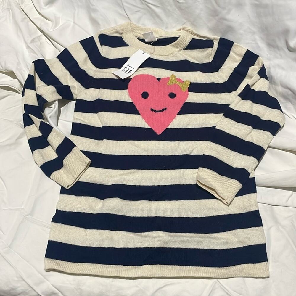 Gap 5 navy cream stripe sweater pink heart golden offset bow nwt perfect